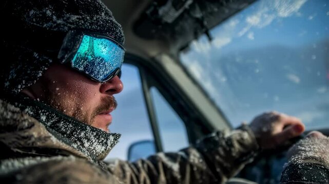 Snowplow driver with snow covered winter clothes and ski goggles concentrating on the road while driving during a snowstorm, with another truck visible through the side window