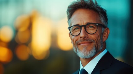 A mature, confident man with glasses smiles warmly in a city setting, radiating positivity and charm while embodying a mix of wisdom and vitality.