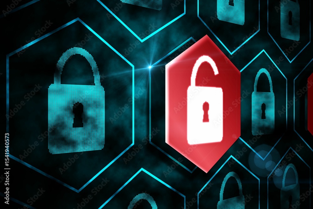 Poster cybersecurity flat ui is showing hex grid with locked padlocks highlighting red unlocked hex cell