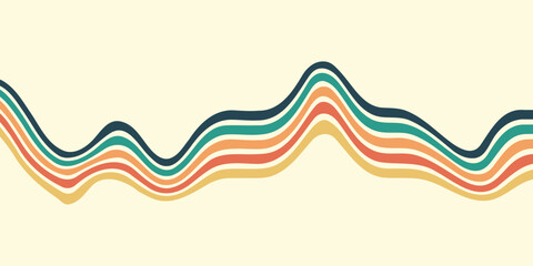 Abstract colorful 70s background vector. Vintage retro wallpaper with rainbow stripes and wavy lines. A 1970 color illustration suitable for posters, banners, decorative items and wall art.