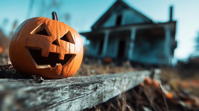 A creatively carved pumpkin with a smiling face, resting on an old wooden surface with a haunted house backdrop, capturing the festive spirit of Halloween.