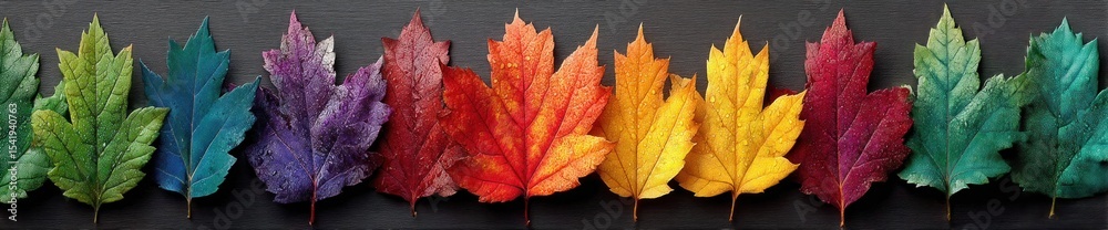 Wall mural multicolored maple leaves with water droplets arranged in a rainbow spectrum on a dark wooden backgr