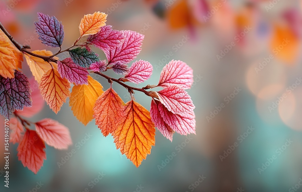 Wall mural vibrant multicolored autumn leaves on a branch with soft bokeh background in pastel tones generative