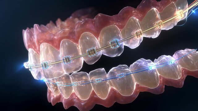 Invisible braces aligner applying on teeth, simulating the movement and showing the root, a medical science visualization useful for dentists and orthodontists