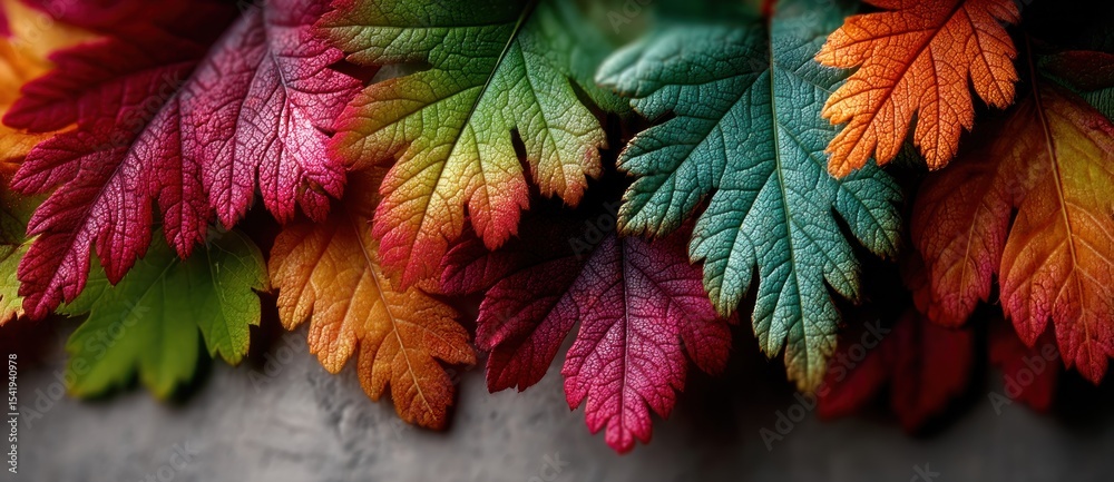 Wall mural multicolored autumn leaves with rich gradient tones from red to green and blue on a textured stone s