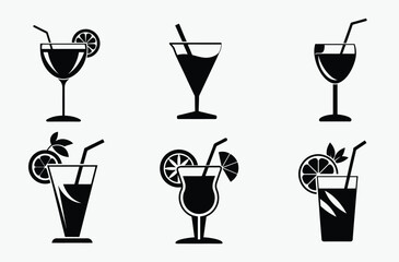 Cocktail icon set , drink glass silhouette, bar menu vector, line art beverage, black shape illustration