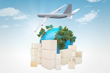 Illustration of airplane flying over earth and boxes