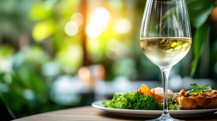 A beautifully arranged gourmet dish accompanied by a glass of white wine showcased in a lush, vibrant setting, highlighting the essence of culinary art and fine dining experiences.