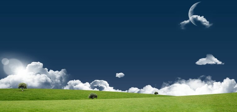 Fototapeta Rolling green hills are stretching across flat design meadow with clouds, sun lens flare and moon
