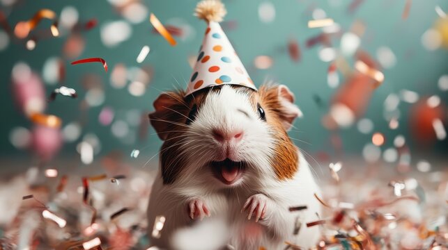 A joyous guinea pig wearing a festive party hat amidst colorful confetti, embodying happiness and celebration while showcasing the charm of small pets during special occasions.