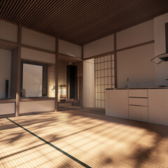 Kitchen room japanese style.3D rendering
