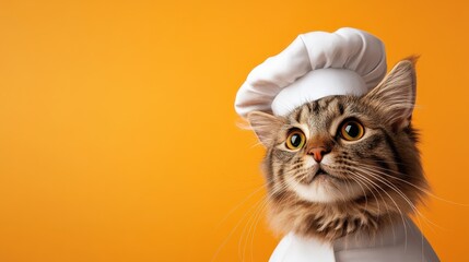 An adorable cat dressed in a charming chef's hat and uniform, capturing a whimsical and playful moment that perfectly blends cuteness with culinary creativity.