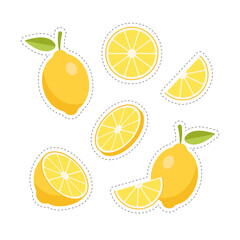 Set of lemons stickers with contour isolated on white background.