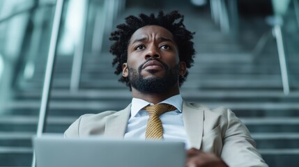 An introspective businessman sitting on stairs while analyzing data on his laptop, conveying determination and ambition in a sleek, contemporary environment.