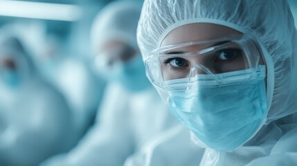 A healthcare professional in full protective gear, including a face mask and goggles, looks intently at the camera, symbolizing dedication and resilience in times of crisis.