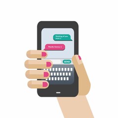 Image of hand holding smartphone with texts on white background