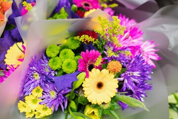 Colorful flower bouquets at market