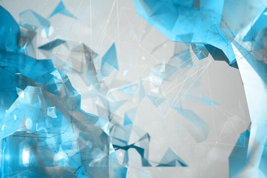 Translucent blue polygon shards floating in grey 3D render space, forming lines with glowing nodes