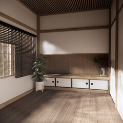 Asia wood room interior cleaning room with decoration Japanese style. 3D rendering