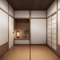 Japan tatami mat floor Living room interior cleaning room with decoration Japanese style. 3D...