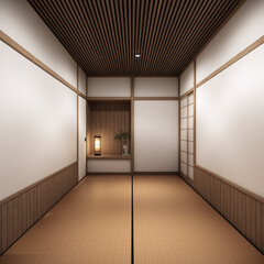 Japan tatami mat floor Living room interior cleaning room with decoration Japanese style. 3D...