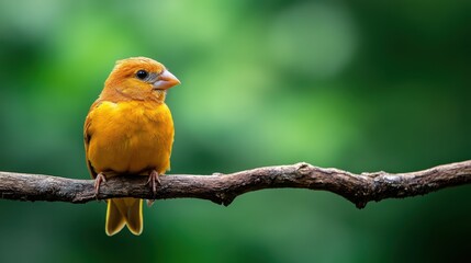 A vibrant yellow bird sitting gracefully on a branch surrounded by lush greenery, capturing the essence of wildlife and the beauty of nature in a serene moment.