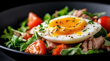 A vibrant bowl of fresh salad topped with a perfectly poached egg, ripe tomatoes, and arugula, highlighting the appeal of healthy eating and nourishment.