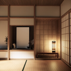 Japan tatami mat floor Living room interior cleaning room with decoration Japanese style. 3D...