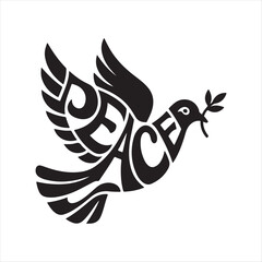 Peace dove flying with olive branch and typography text design in silhouette style

