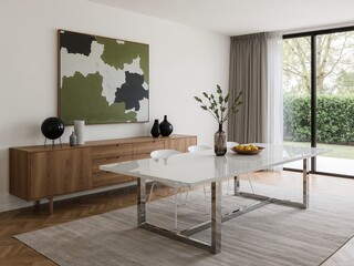 Floating sideboard beside massive formica dining table with chrome legs