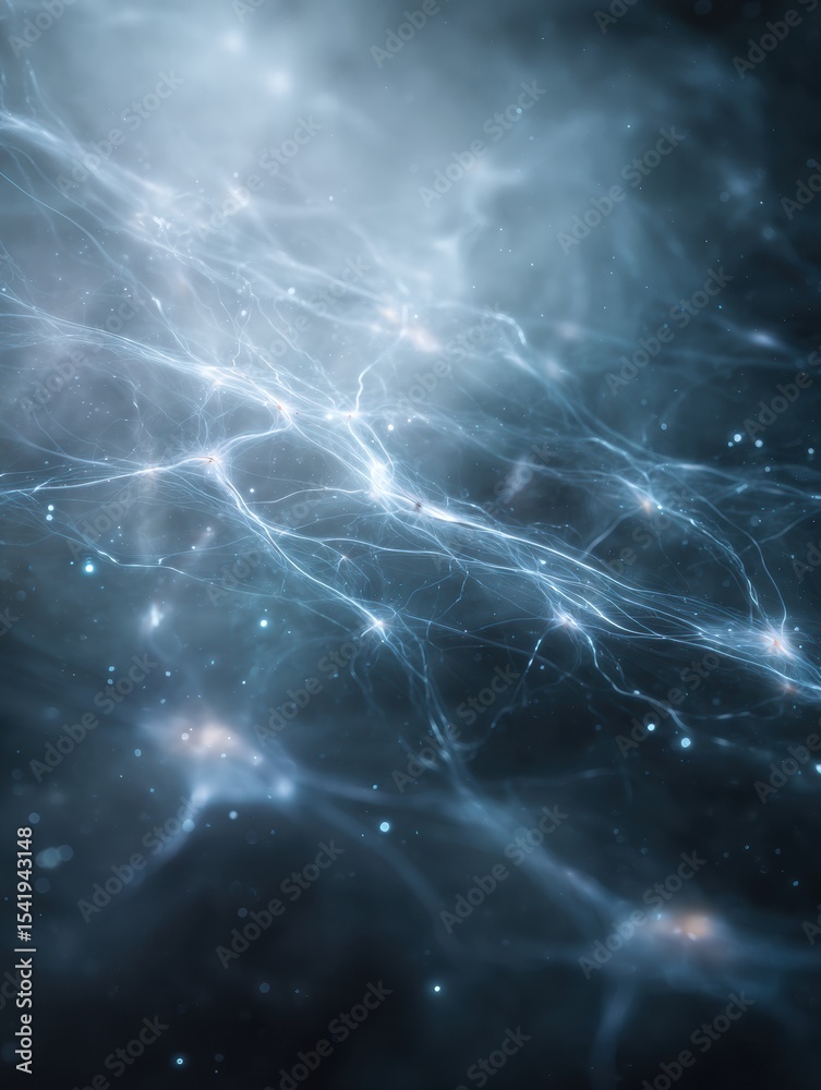Poster Floating Glowing Neurons Create an Ethereal Atmosphere in a Soft and Foggy Background, Inviting Exploration Into the Realm of the Unseen