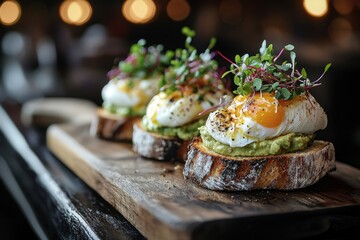 Avocado toast with perfectly poached eggs and fresh microgreens, symbolizing healthy breakfast or brunch