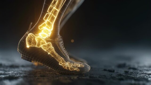 Polygonal wireframe highlighting foot and ankle bone structure inside running shoe, revealing intricate biomechanical details of human movement during athletic performance