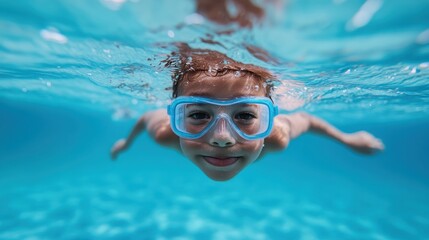 Naklejka premium A joyful child swims underwater, exuding delight and carefree spirit, showcasing the beauty of childhood and the pure enjoyment of exploring aquatic adventures.