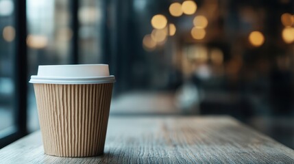 This image captures a warm cup of coffee resting on a wooden table, creating an inviting atmosphere perfect for relaxing or engaging in conversation in a cafe.