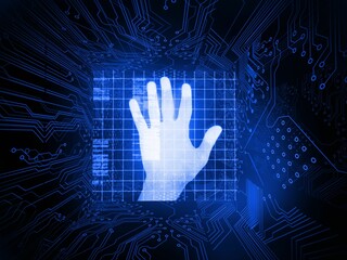 Shiny blue hand on circuit board