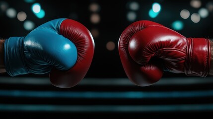 This striking image features a close-up of red and blue boxing gloves facing each other, symbolizing competition, strength, and the spirit of sportsmanship in the boxing arena.