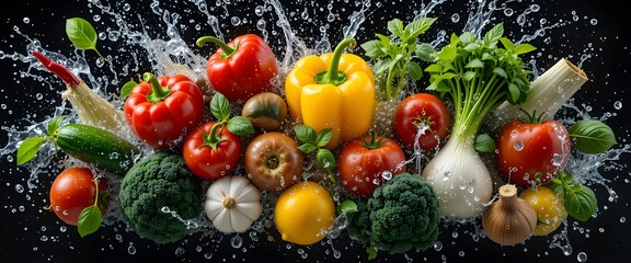 Fresh vegetables and herbs splashing in water