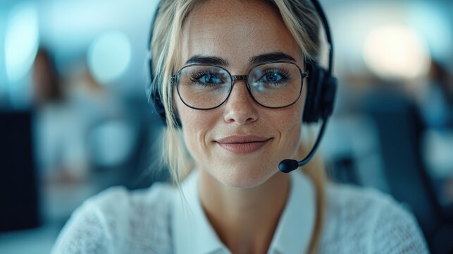 A confident customer support representative wearing a headset, capturing a moment of professionalism and dedication while engaging with clients in a modern workspace environment. - Powered by Adobe