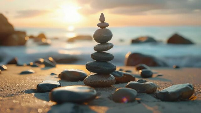 Peaceful Zen Rock Stacking at Sunset on the Beach. A stack of pebbles arranged in a pyramid shape, symbolizing balance and tranquility.