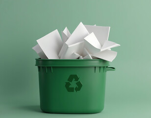 Recycle Bin Filled with Paper Waste and The Recycling Symbol on Green Background