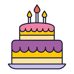 Colorful and cheerful birthday cake with burning candles for celebration