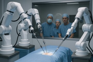 Surgical robots performing minimally invasive procedures in a modern operating room while surgeons observe the advanced technology