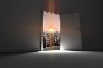 Obraz premium Open door with cityscape and orange lens flare