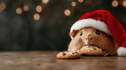 A cute guinea pig wearing a Santa hat enjoys freshly baked cookies, bringing a festive joy and charm to your holiday-themed images that evoke warmth and cheer.