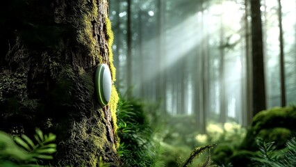 Innovative sensor attached to a tree trunk in a lush forest, collecting data and monitoring environmental conditions for conservation and research purposes