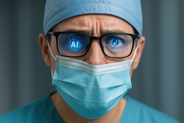 Surgeon contemplating artificial intelligence's impact on healthcare during a surgical procedure in a modern operating room