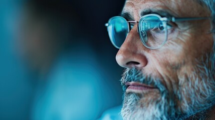 Close-up of an older man wearing glasses, showcasing deep reflections and emotions in his eyes, emphasized by cool tones and shadows that evoke contemplation and wisdom.