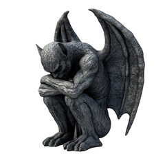 A sorrowful gargoyle statue sits alone in the dark