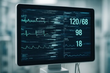 Hospital monitor displaying vital signs while experiencing a glitch, illustrating challenges of artificial intelligence in healthcare technology